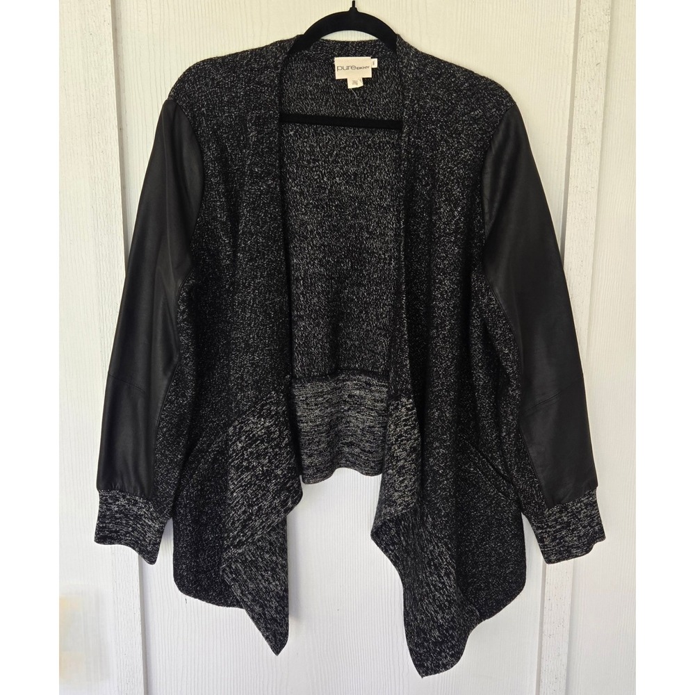 Pure DKNY Wool Linen Cardigan Lambskin Leather Sleeve Black Gray M/L Edgy Indie